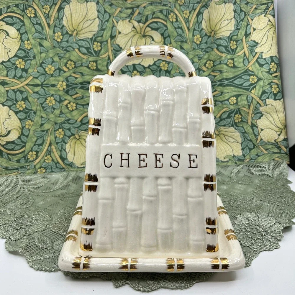 Vintage Cheese Keeper Block Triangle Ceramic Covered Vented Dish Gold White